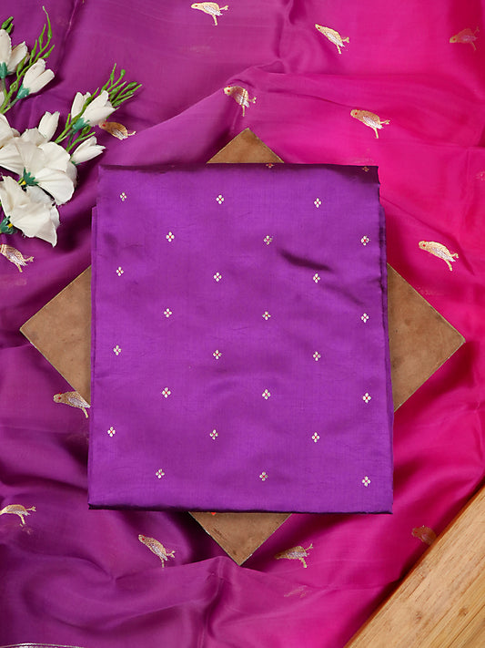 Deep Purple Pure Katan Silk Banarasi Suit Set with Shaded Kora Silk Bird Motif Dupatta