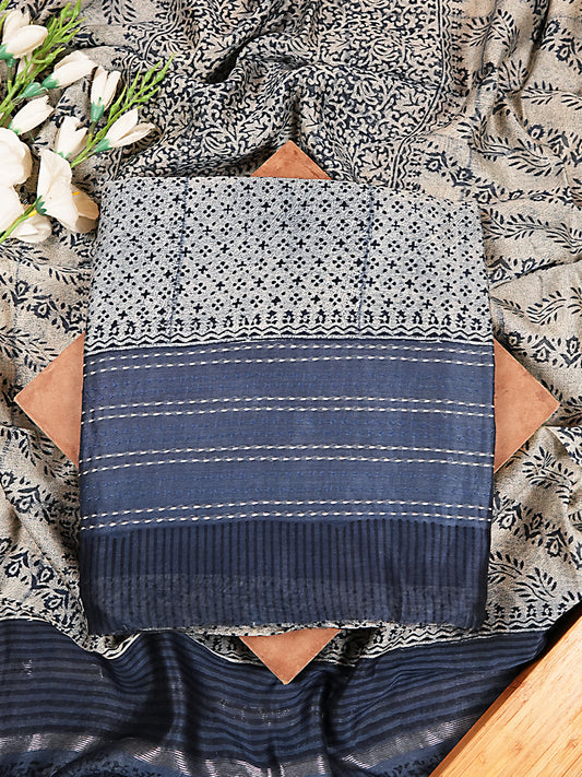 Indigo Grid Maheshwari Silk Suit Set