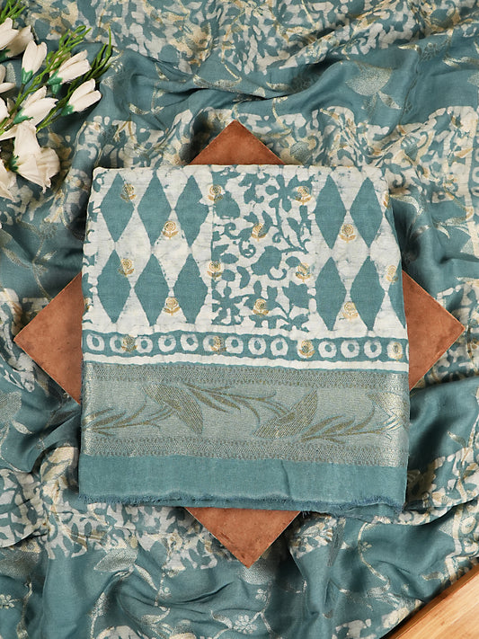 Firozi Blue Pure Linen Silk Print Suit Set with Silver Zari Weaving
