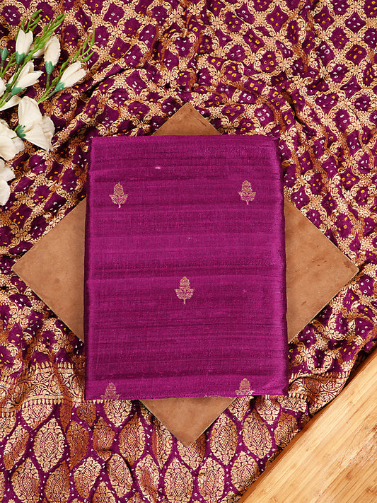 Deep Purple Pure Raw Silk Banarasi Booti Suit Set with Khaddi Georgette Dupatta