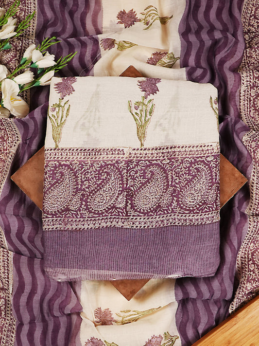 Off-White & Purple Soft Mul Chanderi Block Print Suit Set