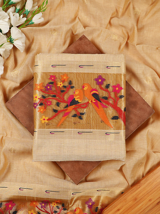 Beige Chanderi Silk Jamdani Weaving Suit Set