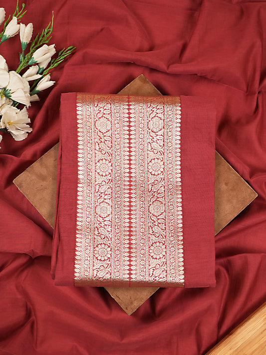 Maroon Pure Mul Chanderi Banarasi Suit Set with Silver Zari