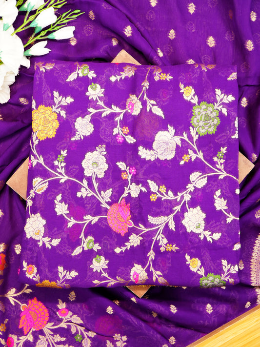 Purple Multicolour Georgette Khaddi Silk Suit Set