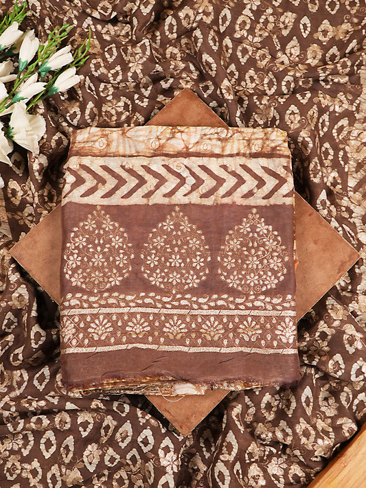Chocolate Brown & Rust Batik Print Pure Linen Silk Suit Set with Silver Zari