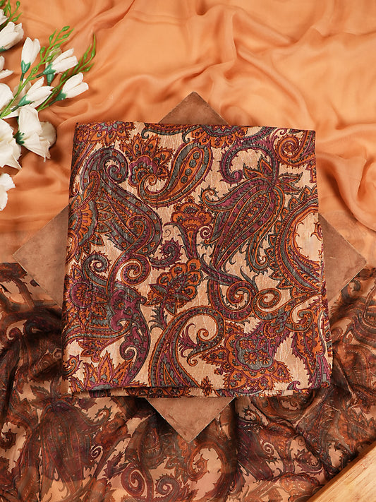 Soft Peach & Rust Paisley Printed Dupion Silk Suit Set