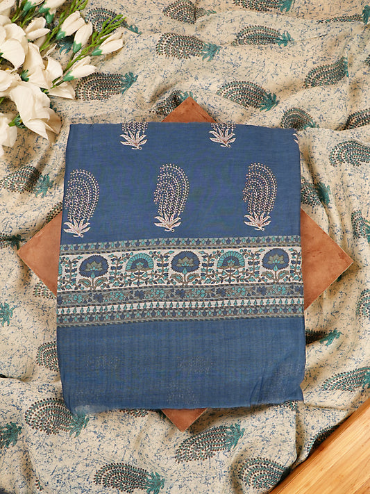 Blue Printed Mul Chanderi Suit Set