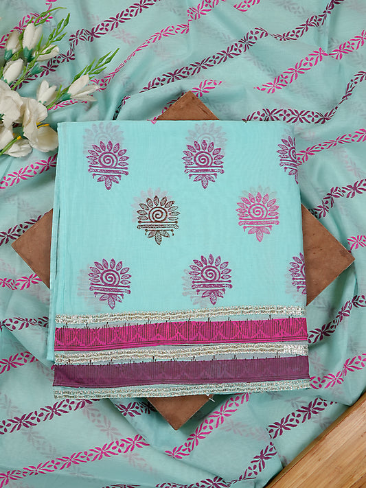 Powder Blue Chanderi Silk Block Printed Suit Set with Gota Patti Highlights