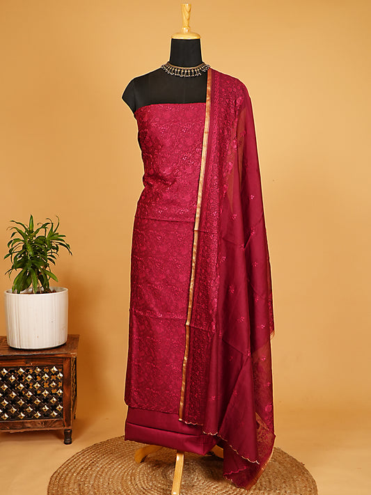 Wine Red Maheshwari Silk Tonal Embroidered Suit Set