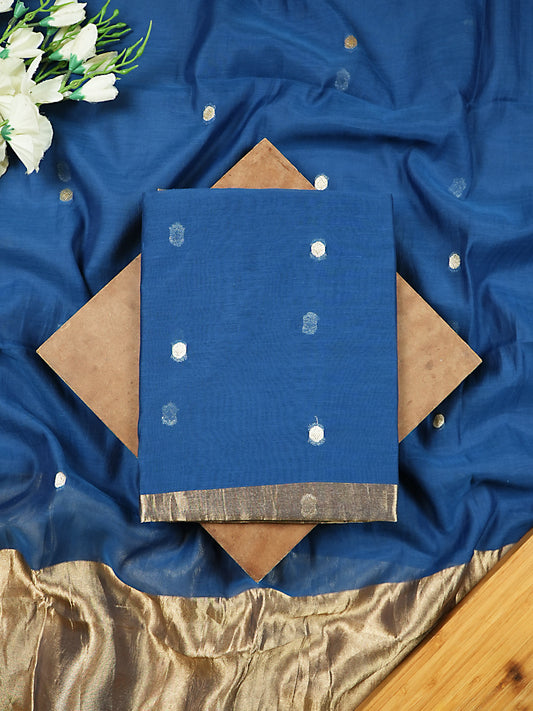 Blue Pure Mul Chanderi Suit with Polka-Style Banarasi Weaving