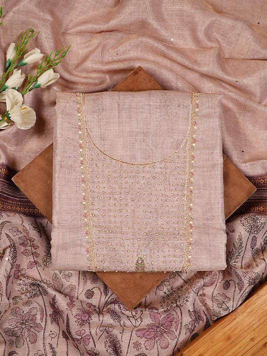 Dusty Mauve Linen Tissue Silk Floral Printed & Embroidered Suit Set