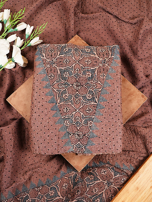 Earthy Cocoa Dotted Organic Ajrakh Crushed Linen Silk 2-Pc Suit Set