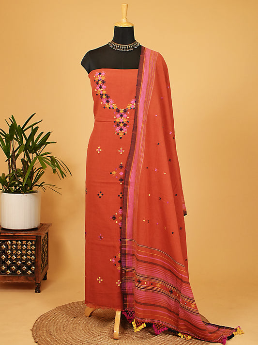 Rust Orange Kala Cotton Bhujodi Weaving Suit Set