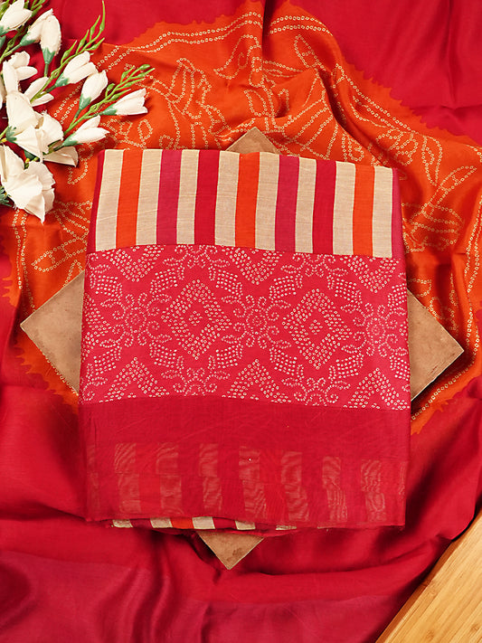 Red & Orange Striped Maheshwari Silk Bandhej Suit Set