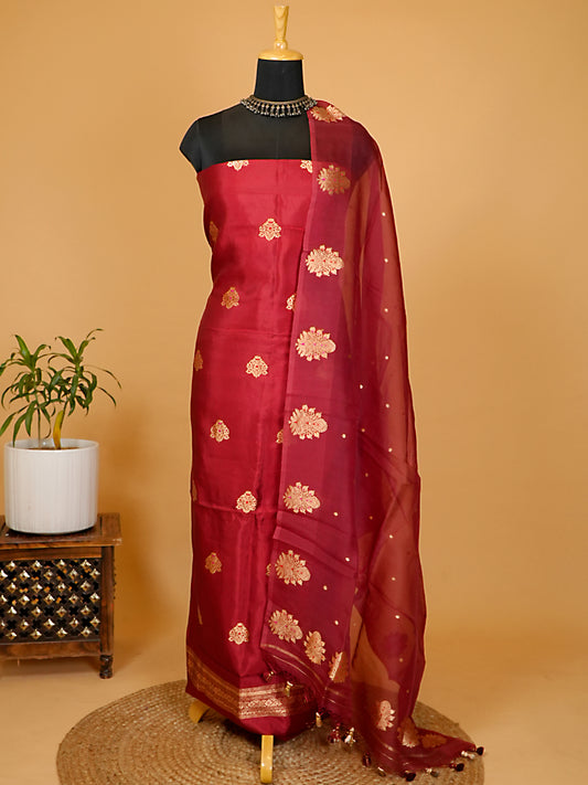 Deep Maroon Pure Katan Silk Kadwa & Meenakari Banarasi Suit Set
