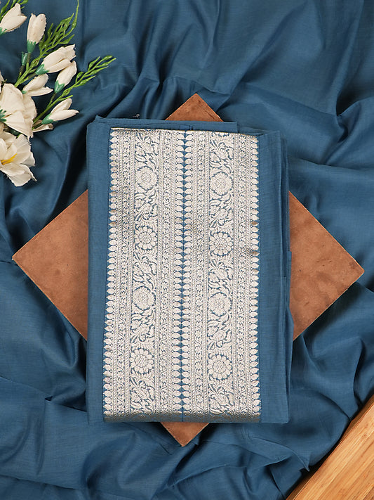 Steel Blue Pure Mul Chanderi Banarasi Suit Set with Silver Zari