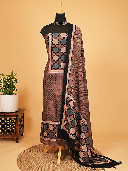 Earthy Mocha Interlocking Star Organic Ajrakh Crushed Linen Silk 2-Pc Suit Set