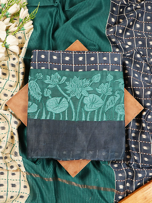 Navy & Teal Maheshwari Silk Square Print Suit Set