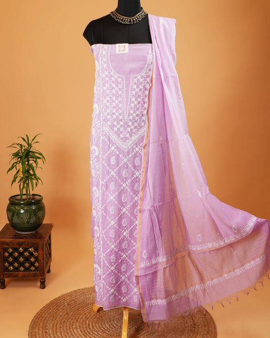 Light Purple Mul Chanderi Lucknowi Handwork Suit Set