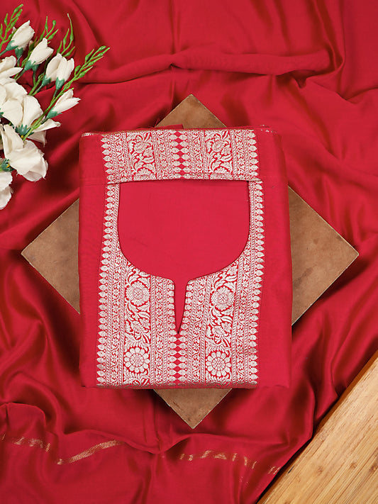 Rich Crimson Red Chiniya Silk Banarasi Woven Suit Set
