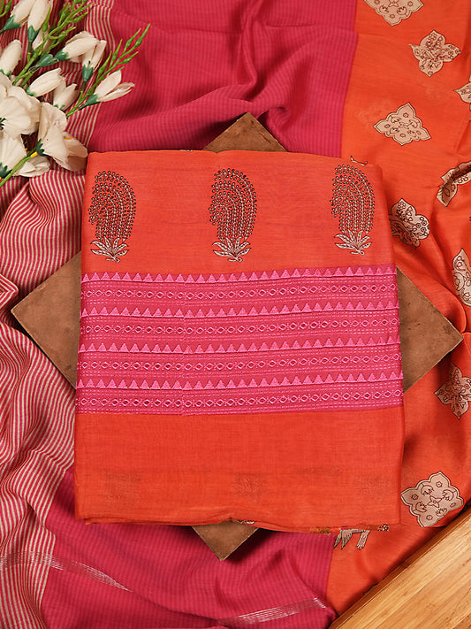 Orange Printed Maheshwari Silk Suit Set with Pink Dupatta