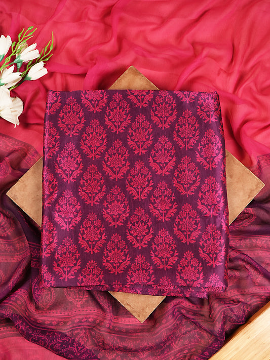Deep Plum & Magenta Printed Dupion Silk Suit Set