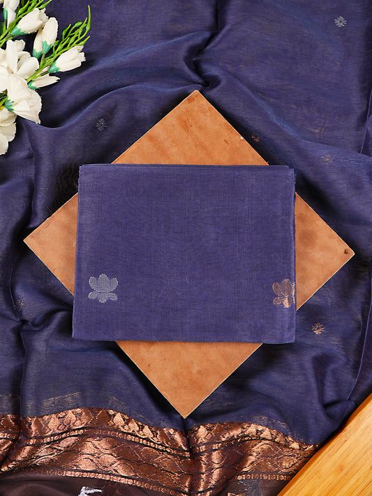 Navy Blue Pure Linen Silk Jamdani 2-Piece Suit Set