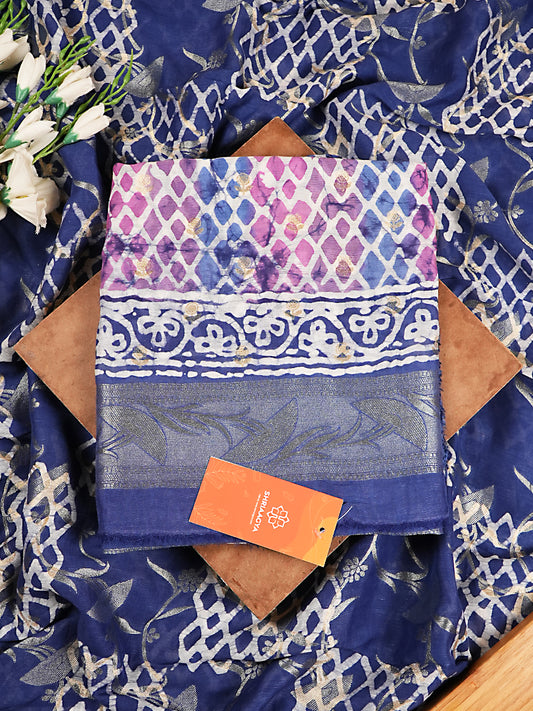 Deep Blue & Lavender Printed Pure Linen Silk Suit with Silver Zari