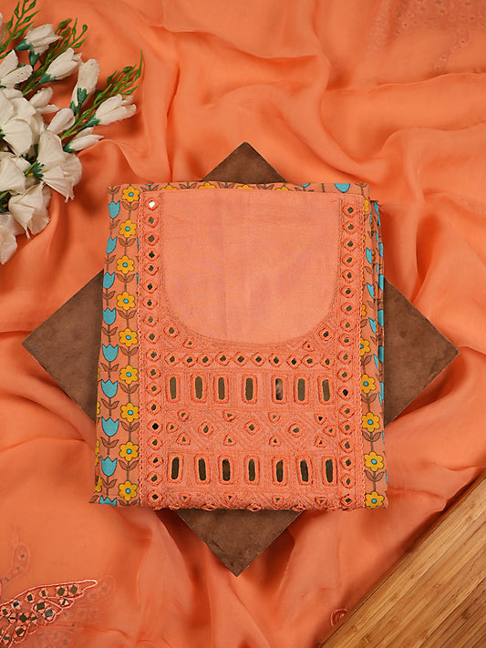 Soft Peach Floral Muslin Silk Suit with Mirror Work on Yoke