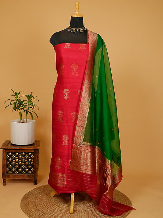 Crimson Red Pure Raw Silk Kadwa Banarasi Suit Set