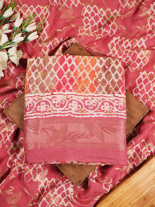 Pink & Orange Pure Linen Silk Geometric Print Suit Set with Silver Zari
