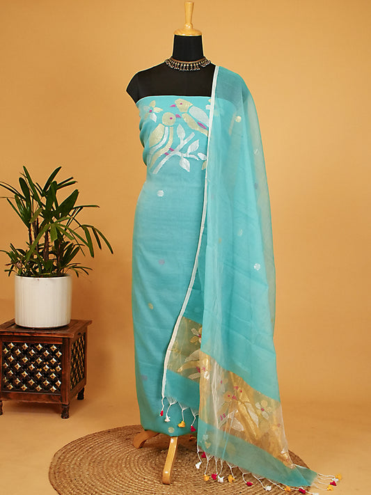 Firozi Blue Muslin Silk Silver & Gold Jamdani 2-Piece Suit Set