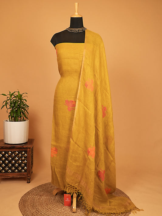 Ochre Mustard Pure Jayshree Linen Jamdani 2-Piece Suit Set