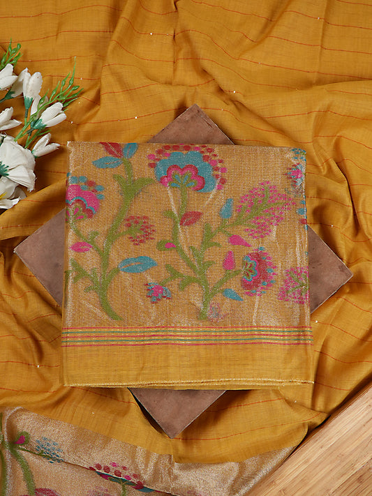 Mustard Yellow Chanderi Silk Jamdani Suit Set with Sequin-Woven Dupatta
