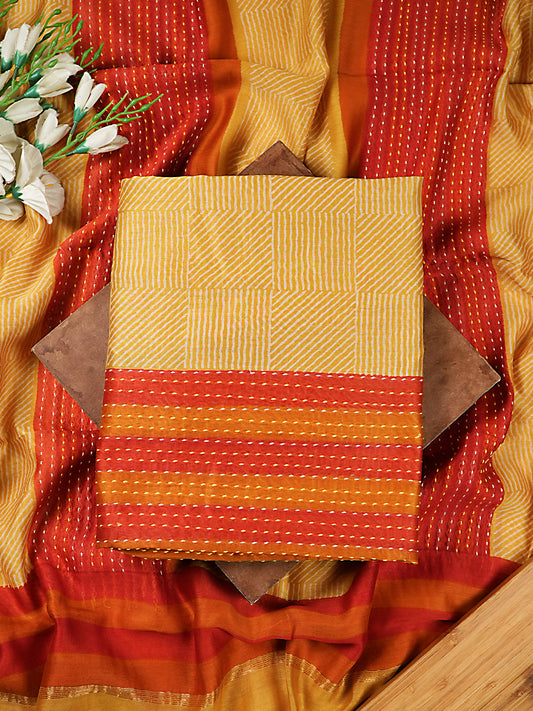 Yellow and Red Maheshwari Silk Suit Set