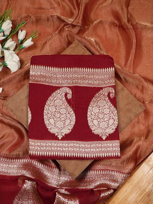 Deep Maroon Pure Kora Silk Banarasi Suit Set