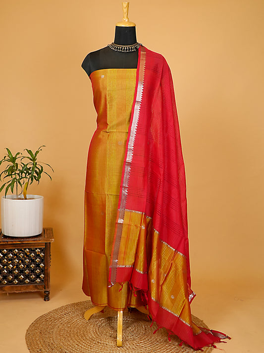 Golden Mustard & Red Dual-Tone Pattu Silk Handloom 2 Pc Suit Set