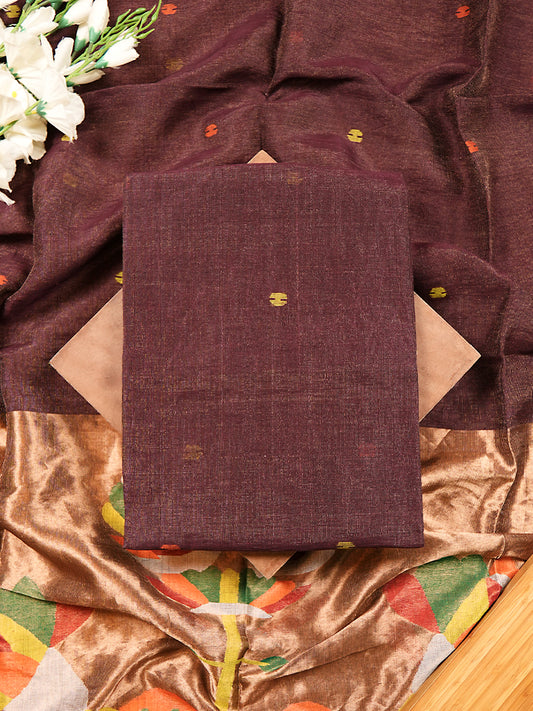 Dark Wine Linen Tissue Jamdani Weaving Suit Set