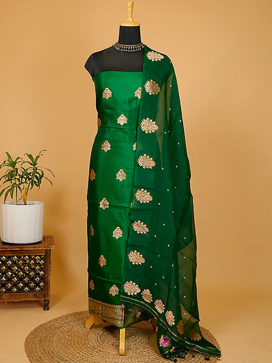 Emerald Green Pure Katan Silk Kadwa & Meenakari Banarasi Suit Set