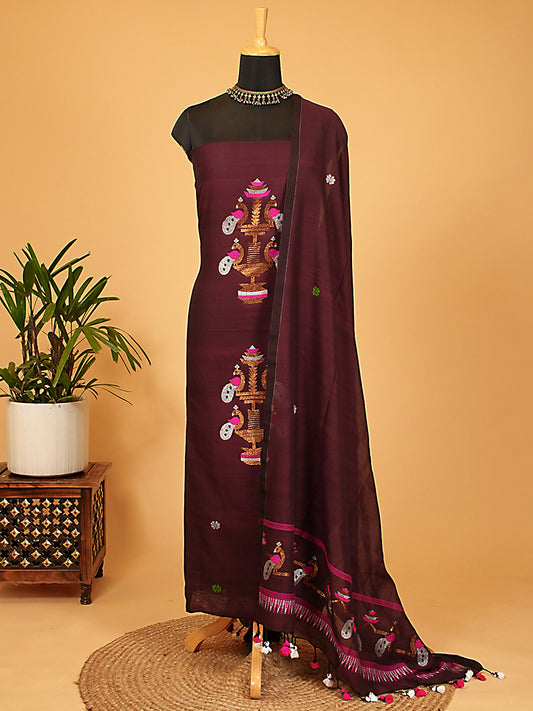 Burgundy Handloom Cotton Needle Jamdani Weaving 2Pc Suit Set