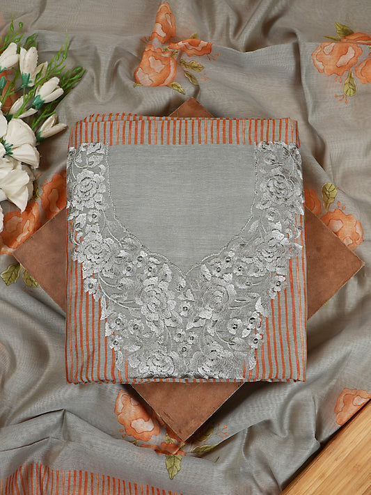 Grey & Rust Striped Chanderi Silk Embroidered Suit Set