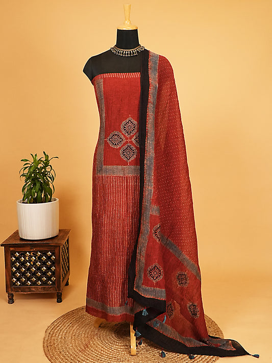 Rich Maroon Organic Ajrakh Crushed Linen Silk 2-Pc Suit Set