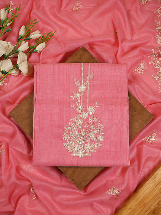 Soft Rose Pink Chanderi Silk Hand Embroidered Suit Set with Lace Details
