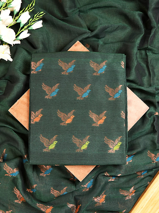 Bottle Green Jayshree Linen Jamdani Suit with Multicolour Bird Motifs