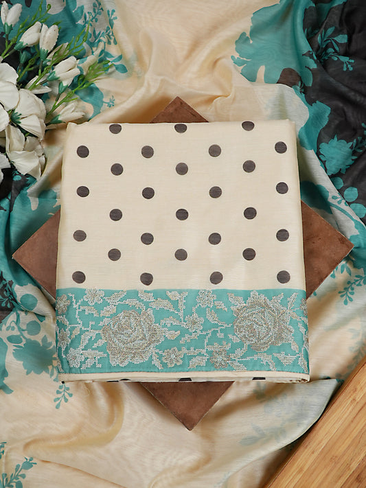 Cream & Teal Mul Chanderi Polka Dot Suit Set