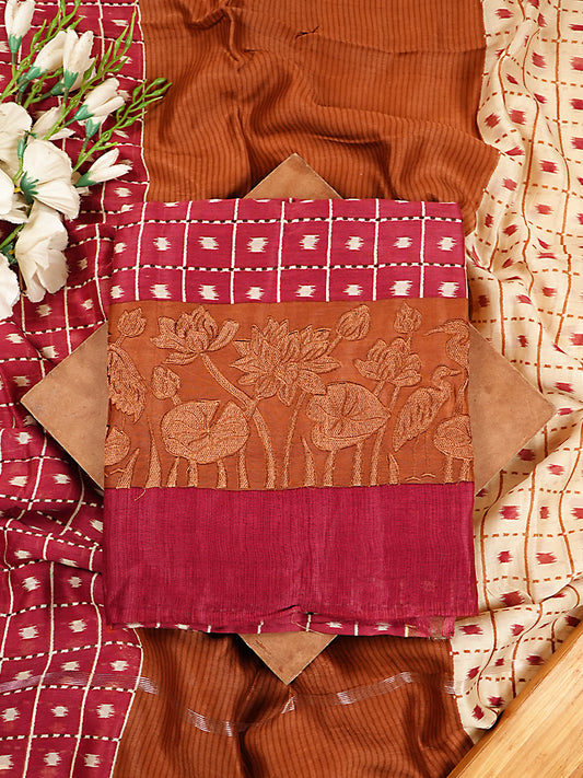 Brick Red & Rust Maheshwari Silk Square Print Suit Set