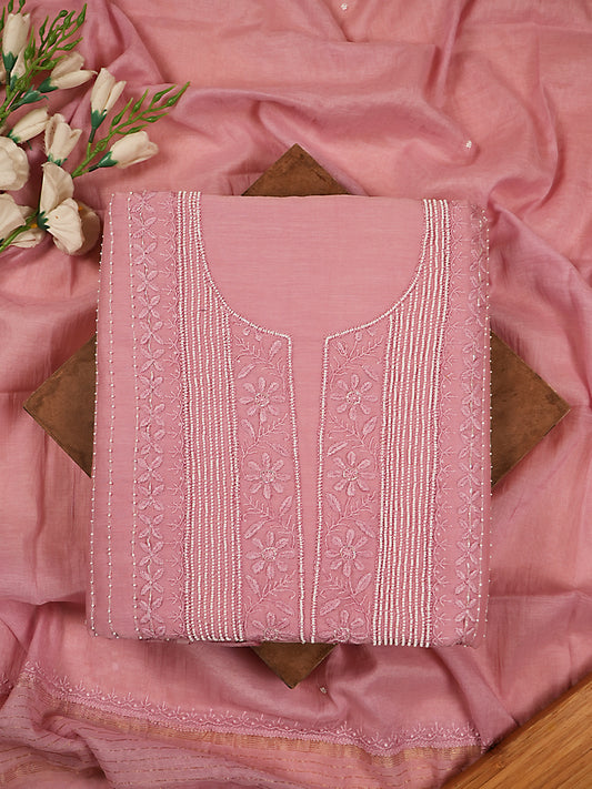Pastel Pink Mul Chanderi Lakhnavi Suit Set with Pearl & Thread Work