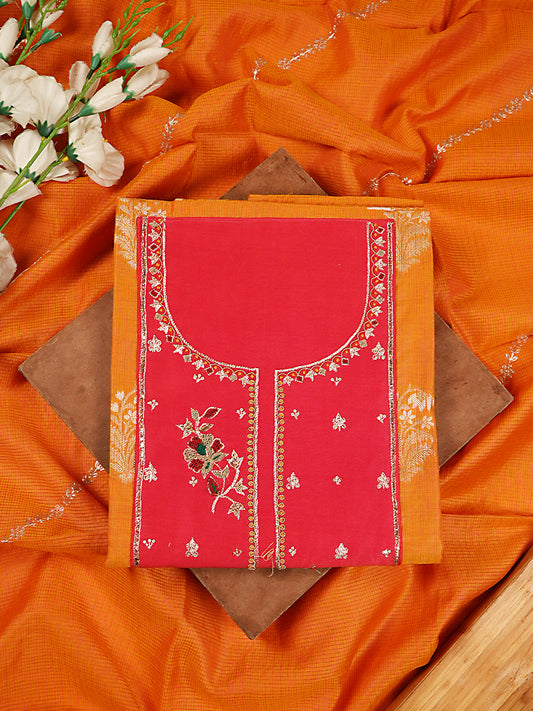 Warm Mango Yellow & Crimson Chanderi Silk Hand Embroidered Suit Set