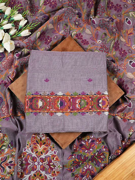 Dusty Lavender Chanderi Silk Suit Set with Multicolour Jamdani Weaving