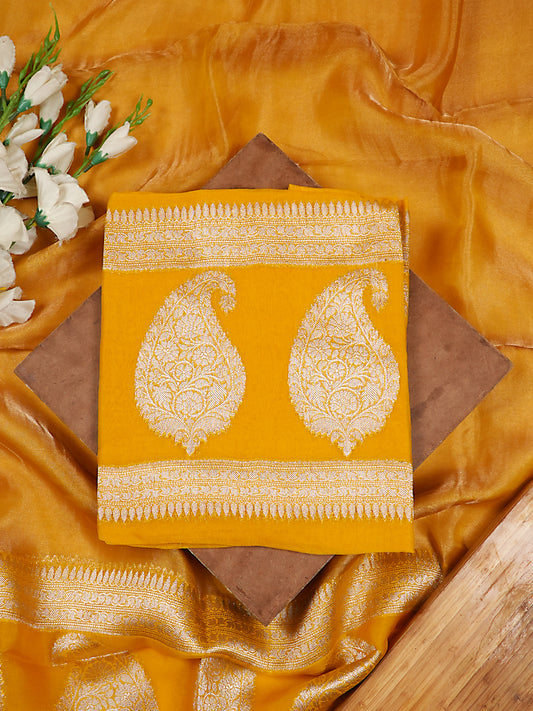 Vibrant Mustard Yellow Pure Kora Silk Banarasi Suit Set